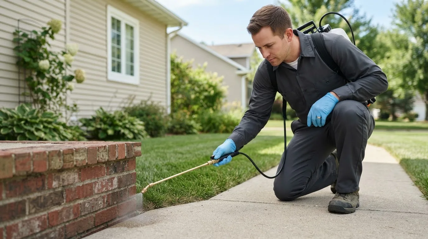 Pest control technician treating a home near De Peyster, NY